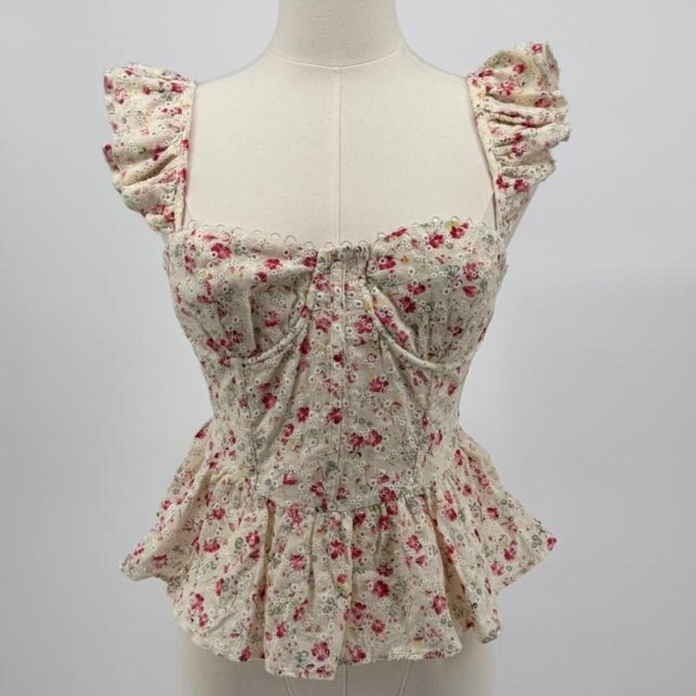 ASTR The Label Floral Eyelet Corset Blouse Cream Ruffle Peplum Top Small